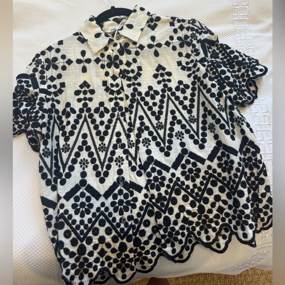 Zara Black and Cream Geometric Button Down Shirt